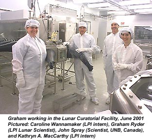 Graham in the Lunar Fac, June 01. Caroline Wannamaker (LPI intrn), Graham Ryder (LPI Sci), John Spray (Sci, UNB), and Kathryn A. MacCarthy (LPI intrn)