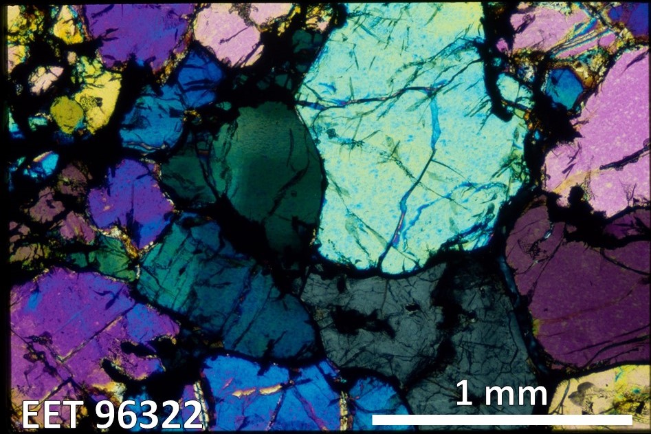 Thin Section Photo of Sample EET 96322 in Cross-Polarized Light with 2.5X Magnification