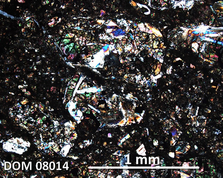 DOM 08014 Meteorite Thin Section Photo with 5x magnification in Cross-Polarized Light