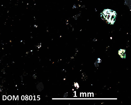 DOM 08015 Meteorite Thin Section Photo with 5x magnification in Cross-Polarized Light
