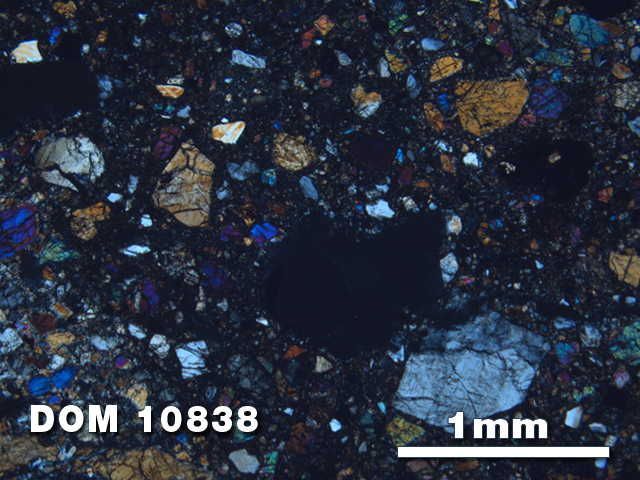 Thin Section Photo of Sample DOM 10838 at 2.5X Magnification in Cross-Polarized Light