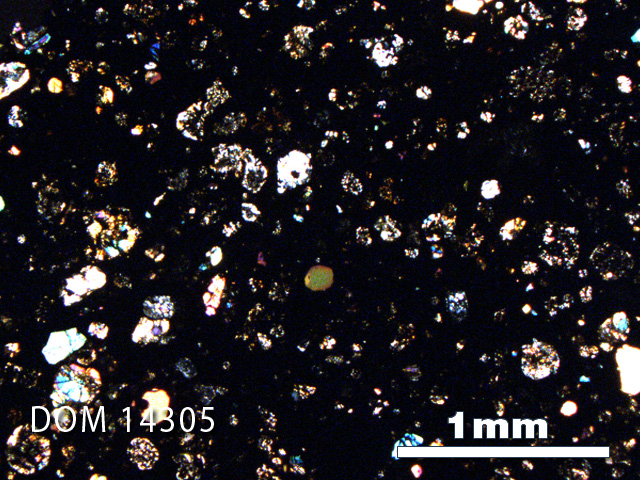 Thin Section Photo of Sample DOM 14305 in Cross-Polarized Light with 2.5X Magnification