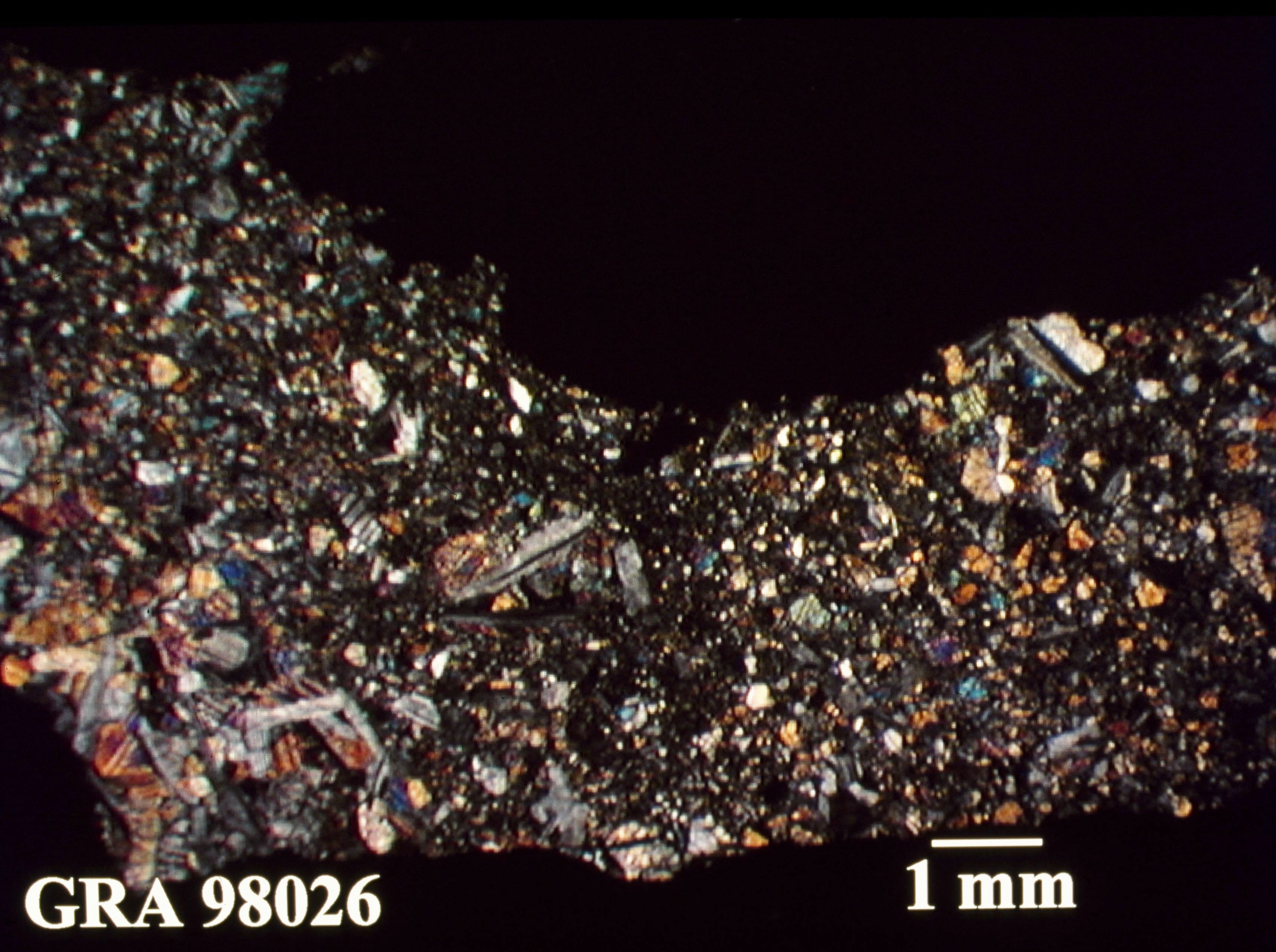 Thin Section Photo of Sample GRA 98026 in Cross-Polarized Light with 1.25X Magnification