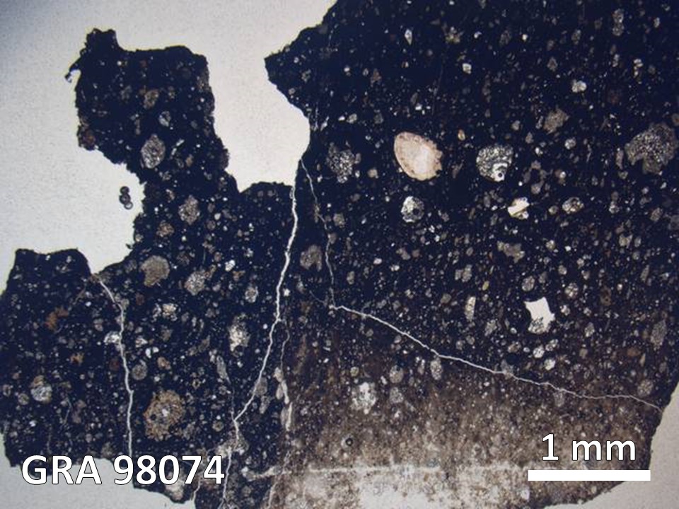 Thin Section Photo of Sample GRA 98074 in Plane-Polarized Light with  Magnification