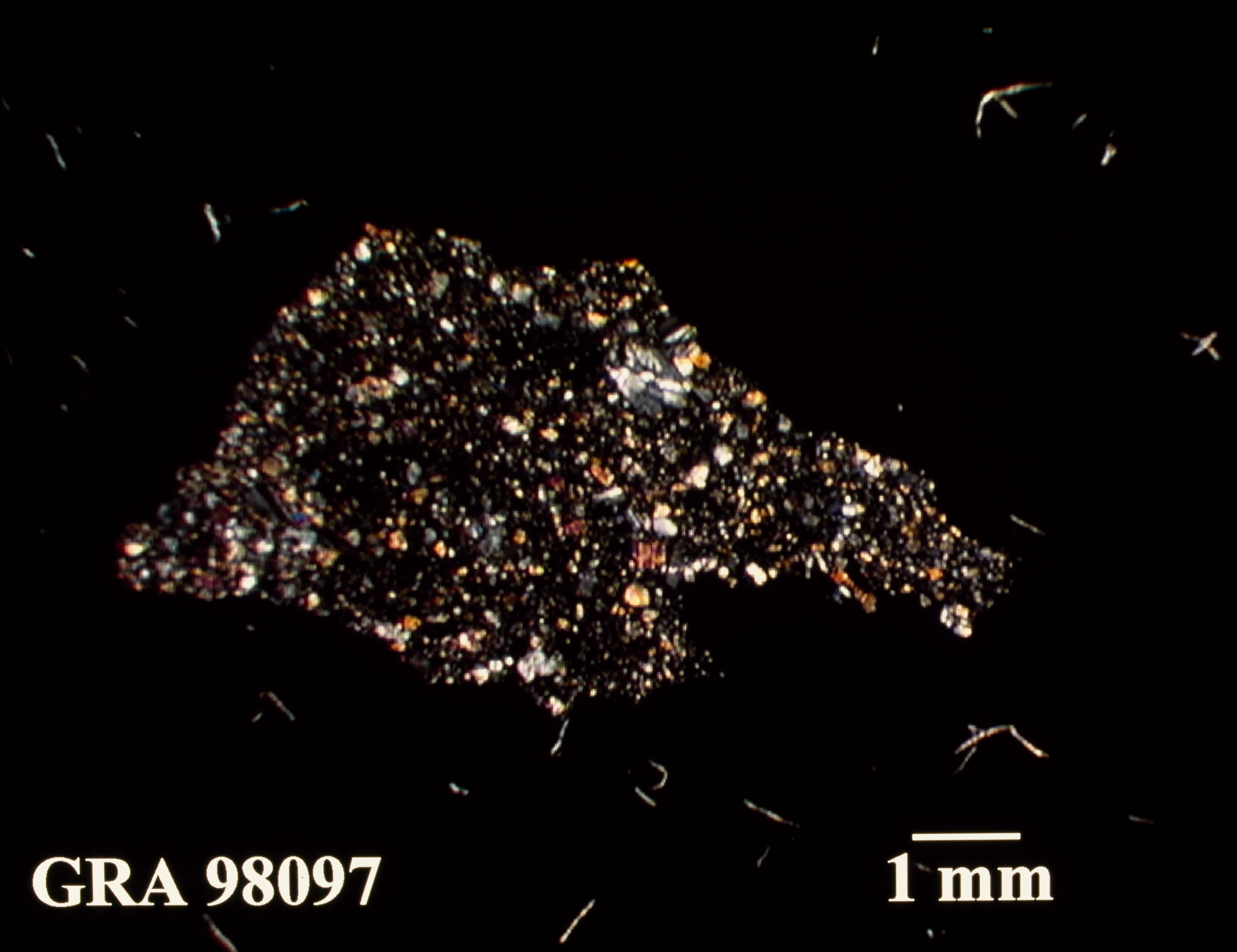 Thin Section Photo of Sample GRA 98097 in Cross-Polarized Light with 1.25X Magnification