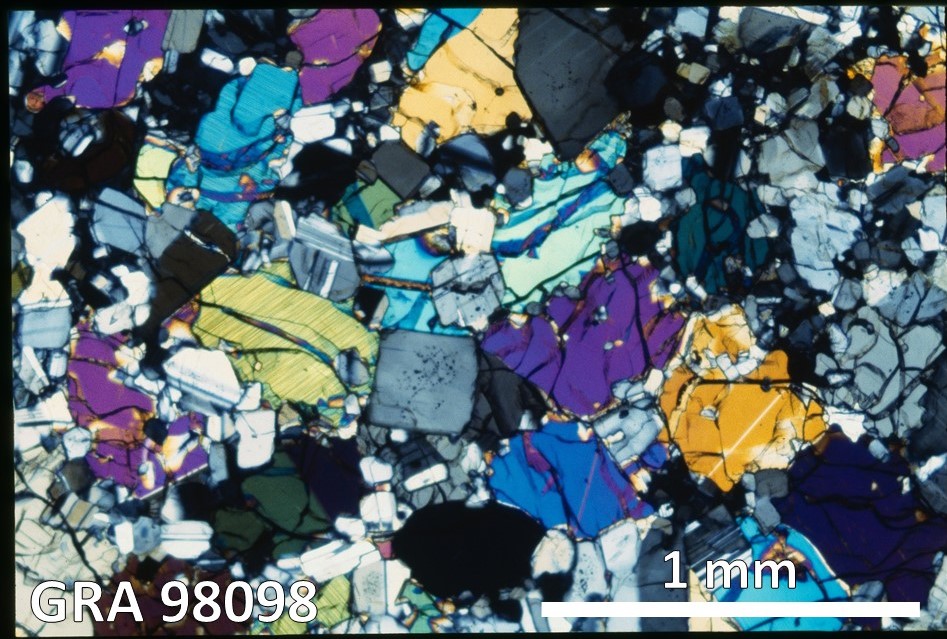 Thin Section Photo of Sample GRA 98098 in Cross-Polarized Light with 2.5X Magnification