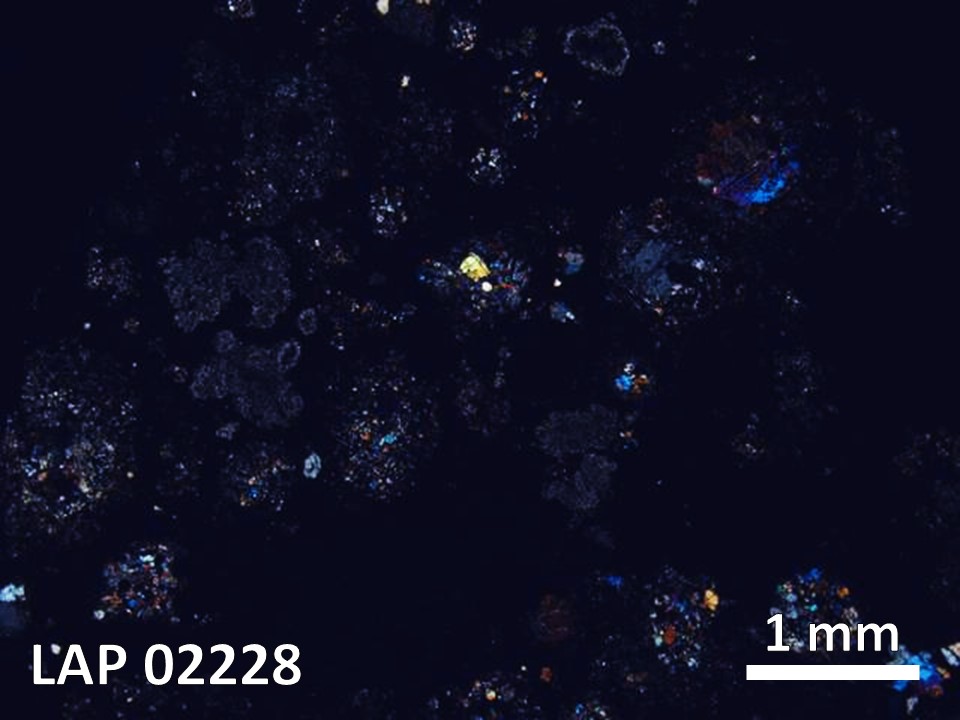 Thin Section Photo of Sample LAP 02228 in Cross-Polarized Light with  Magnification