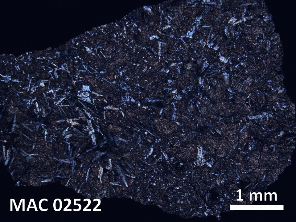 Thin Section Photo of Sample MAC 02522 in Cross-Polarized Light with 1.25X Magnification