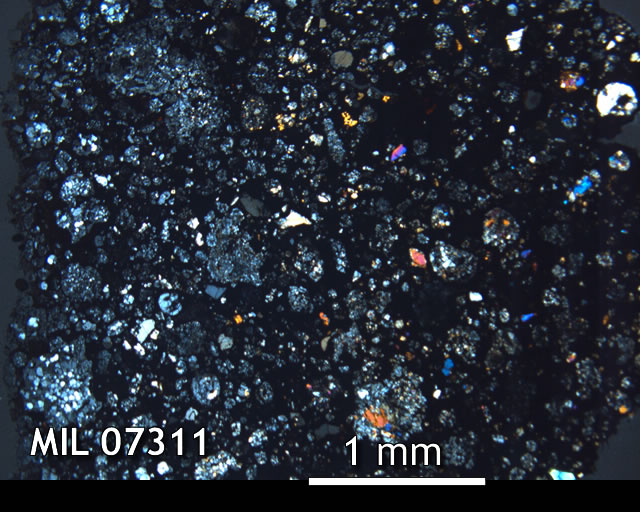 Thin Section Photo of Sample MIL 07311 in Cross-Polarized Light with 2.5x Magnification
