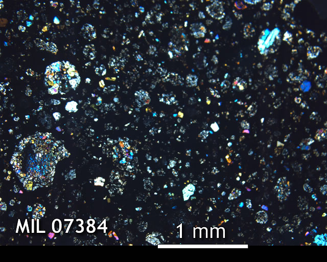 Thin Section Photo of Sample MIL 07384 in Cross-Polarized Light with 2.5x Magnification