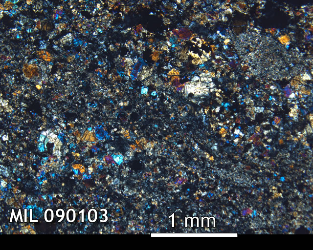 Thin Section Photo of Sample MIL 090103 in Cross-Polarized Light with 2.5x Magnification