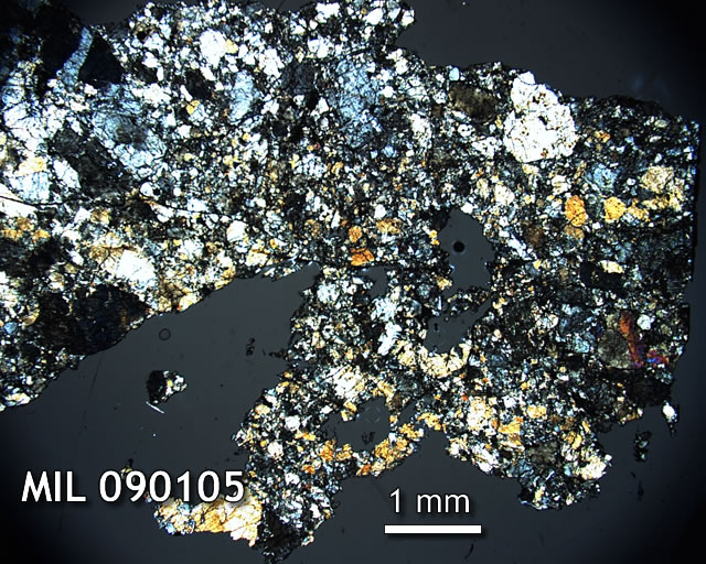 Thin Section Photo of Sample MIL 090105 in Cross-Polarized Light with 1.25x Magnification