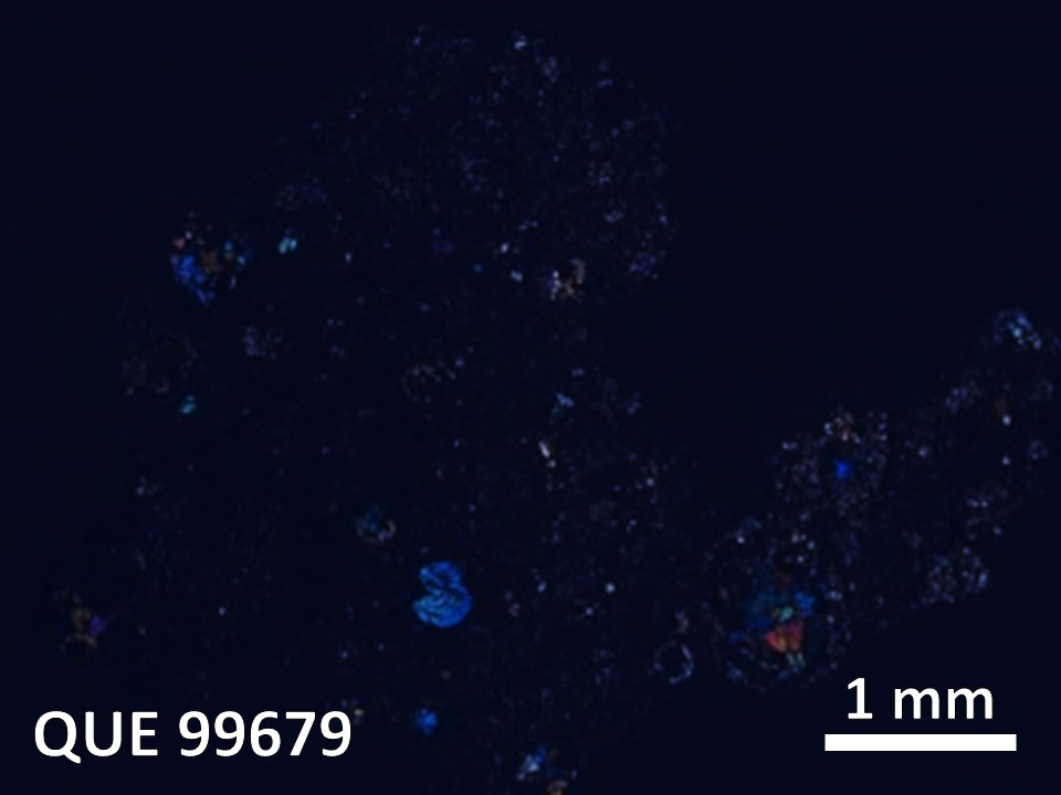 Thin Section Photo of Sample QUE 99679 in Cross-Polarized Light with  Magnification