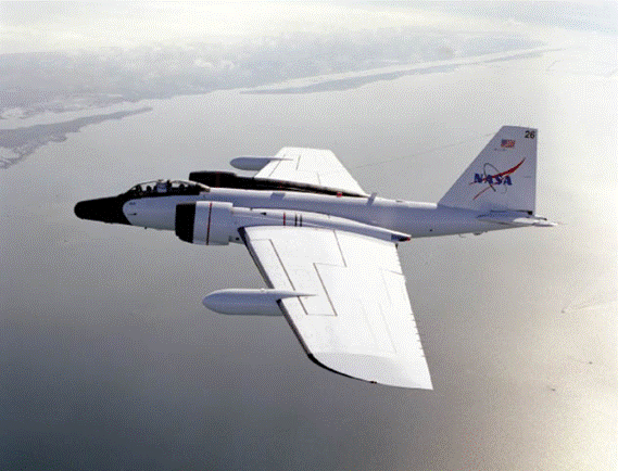 A NASA WB-57 aircraft used to collect IDPs from the Earth's atmosphere for the Aircraft Collected Particle (ACP) collection. NASA's high altitude aircraft collect cosmic dust by deploying flat-plate collectors, catching these particles before they descend to lower altitudes where terrestrial contaminants abound.