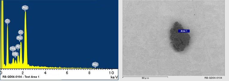 EDS Spectra for Sample RB-QD04-0104 taken at test area 1. The test area is labeled in grain photo.