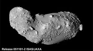 Near-Earth Asteroid Itokawa, the target of the Hayabusa mission, photographed by the Hayabusa mission in 2005